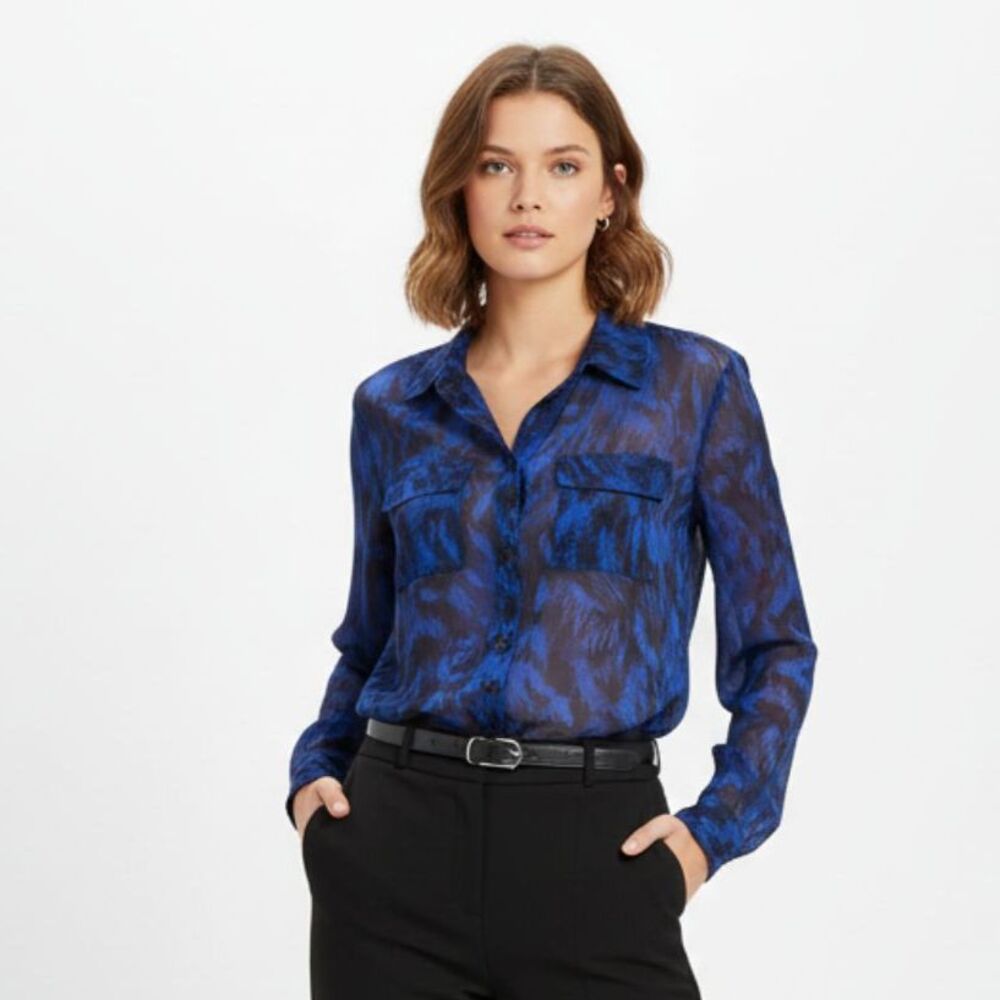 Bebe 100% Silk Black & Blue Print Sheer Long Sleeve Button Up Blouse Top M
